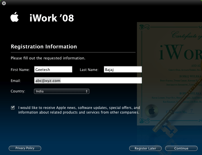 iWork Registration
