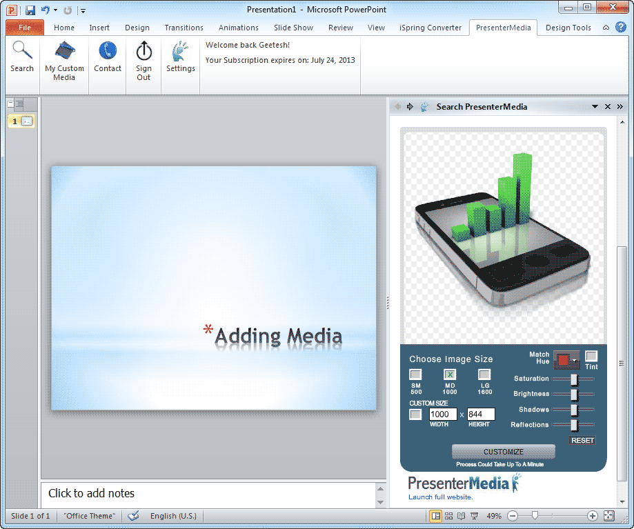 Customization tools in the PresenterMedia PowerPoint Add-in