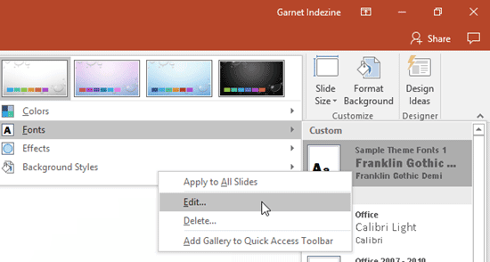 Edit Theme Fonts Set in PowerPoint 2016 for Windows