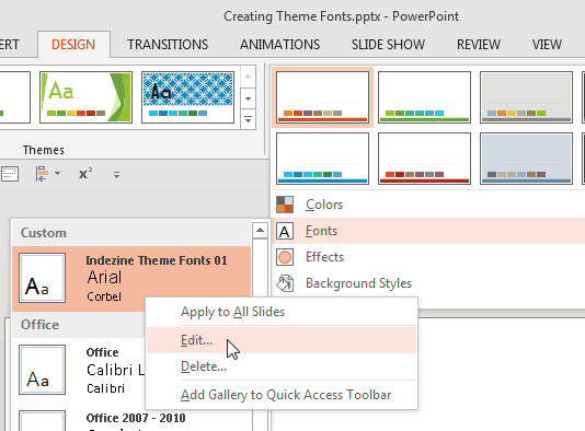 Edit Theme Fonts Set in PowerPoint 2013 for Windows