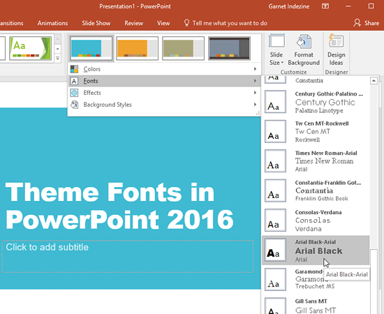 Theme Fonts in PowerPoint 2016 for Windows
