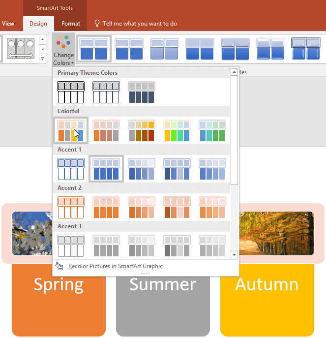 Change Colors for a SmartArt Graphic in PowerPoint 2016 for Windows