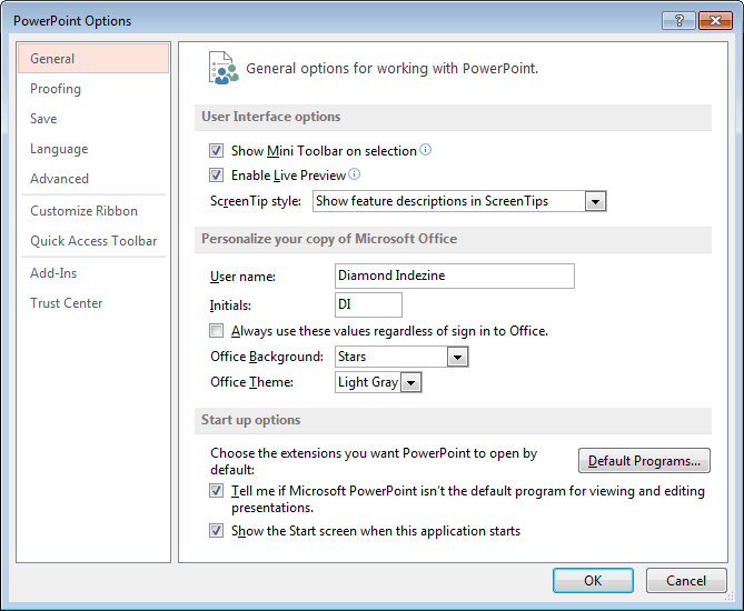 Backstage View: Program Options in PowerPoint 2013 for Windows