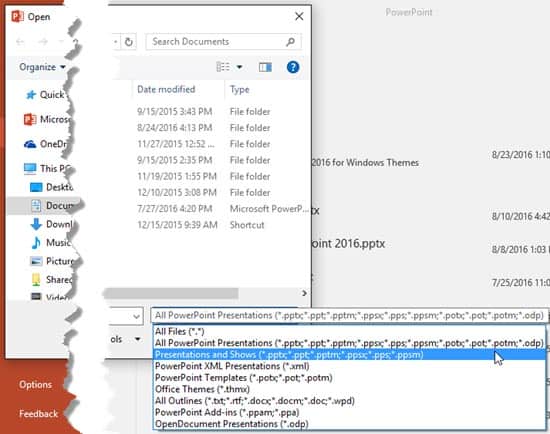File Types That Can be Opened in PowerPoint 2016 for Windows