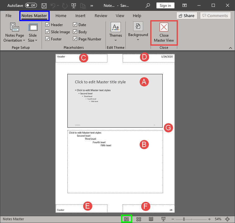 Notes Master View in PowerPoint 365 for Windows