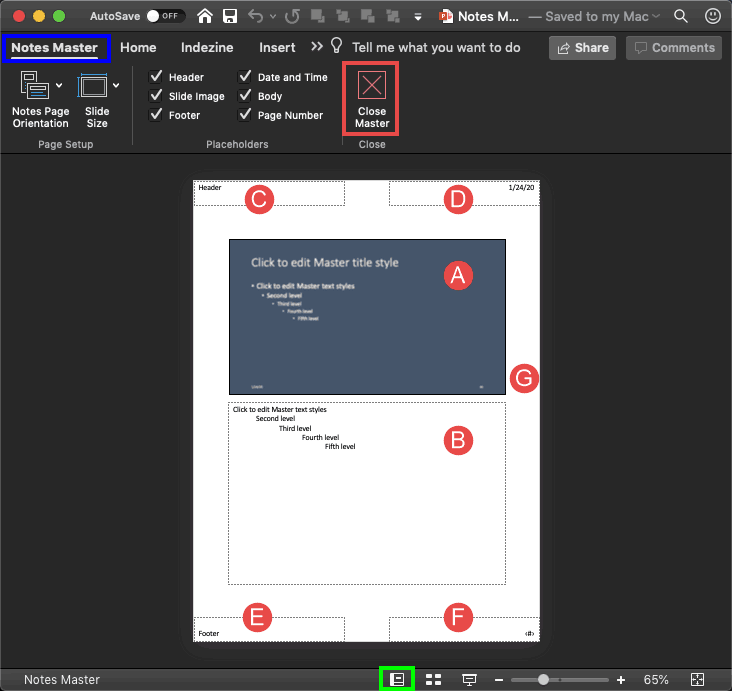 Notes Master View in PowerPoint 365 for Mac