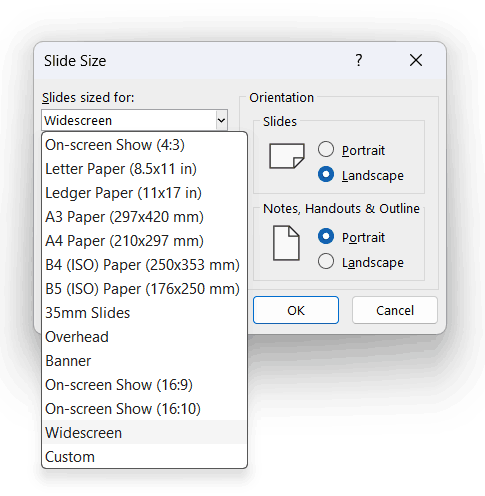 PowerPoint Slide Size dialog box